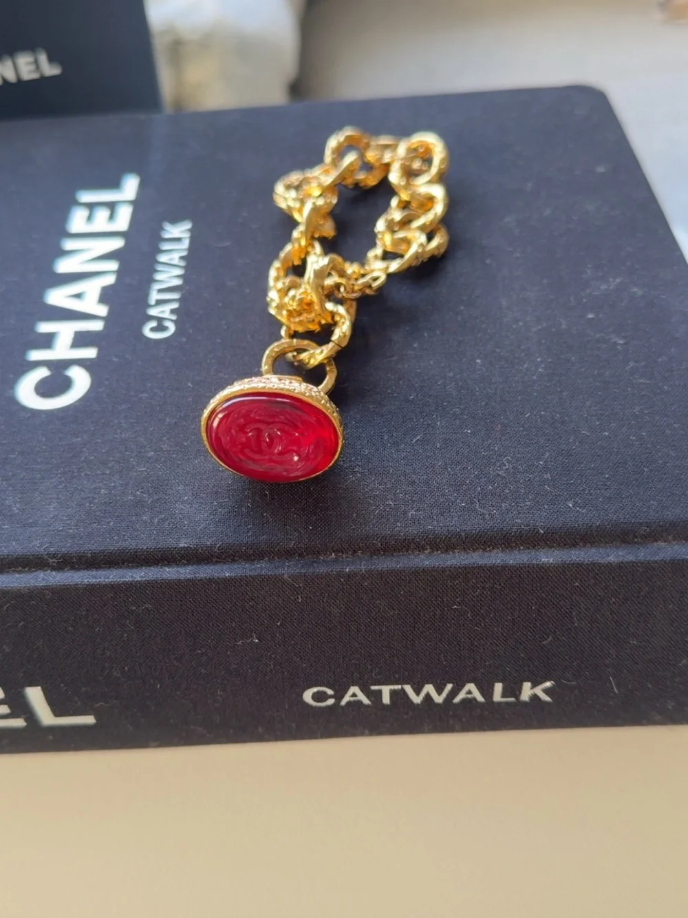 Rare ✨ Vintage Chanel 1993 Gold Chain Red CC Medallion Charm Bracelet l COA